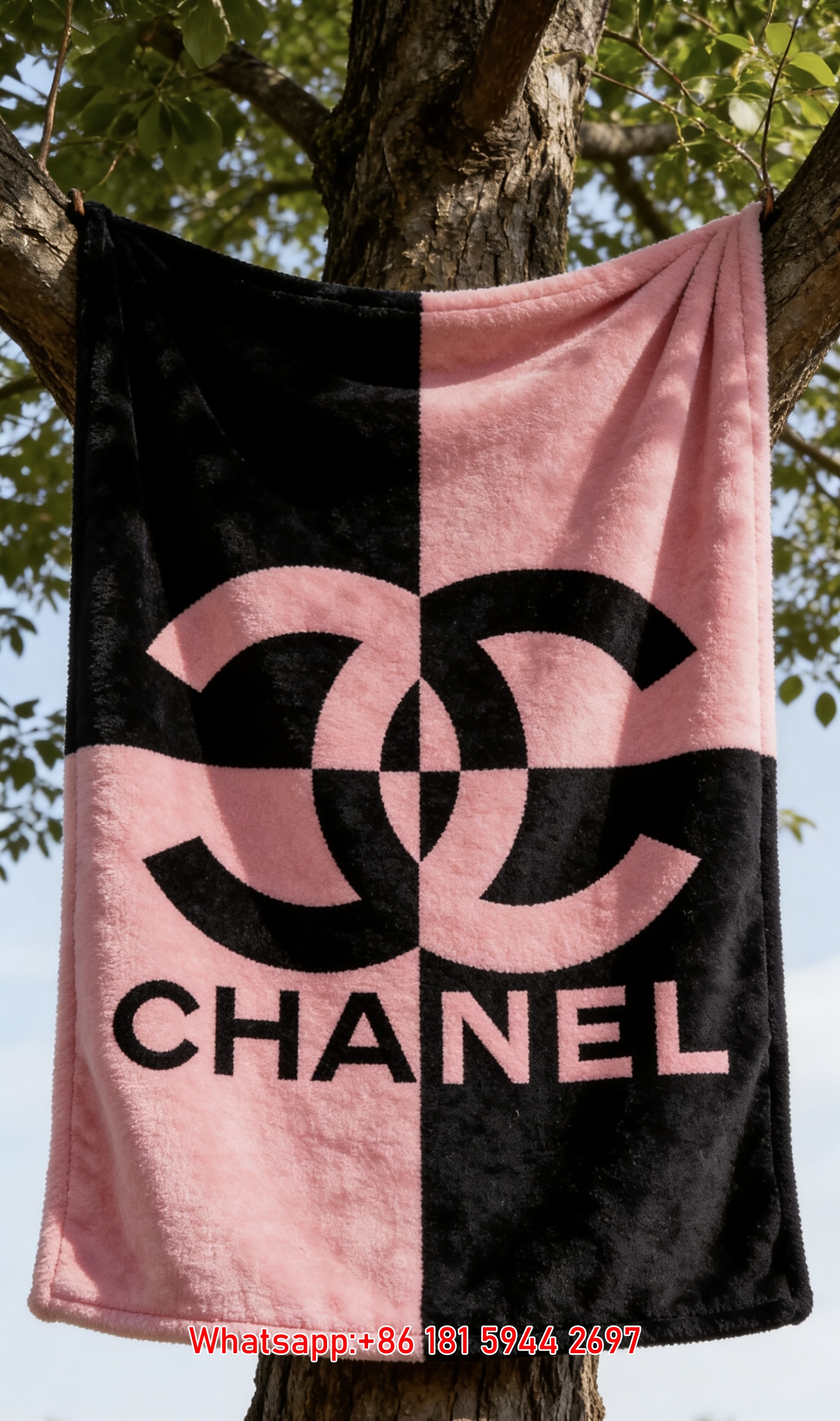 Chanel Pink Black Checkered Flannel Sofa Throw Blanket IMG_6858